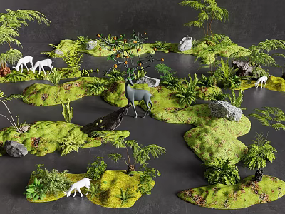 Garden Landscape With Green Grass Various Plants Ferns Palm Trees Stones Grey And White Deer 3d model