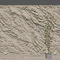 Textured Background Wall With Natural Sandstone Rough Texture And Green Leaf Potted Plant