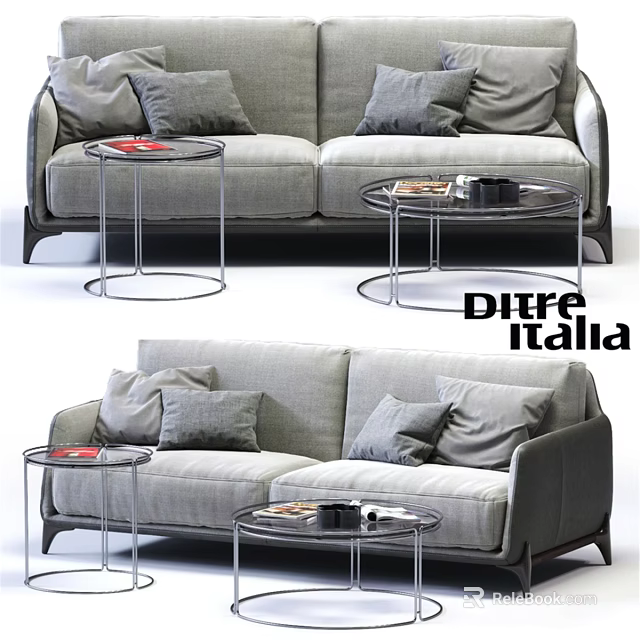 Modern Gray Two Seater Sofa With Multiple Pillows And Round Glass Coffee Tables 3d model 
