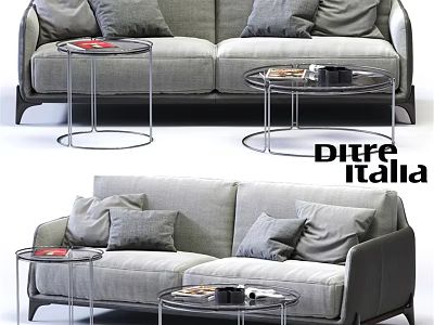 Modern Gray Two Seater Sofa With Multiple Pillows And Round Glass Coffee Tables 3d model