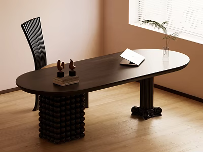Dark Wooden Oval Desk with Unique Base Books Sculpture Open Book Chair Window Palm Plant 3d model