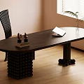 Dark Wooden Oval Desk with Unique Base Books Sculpture Open Book Chair Window Palm Plant
