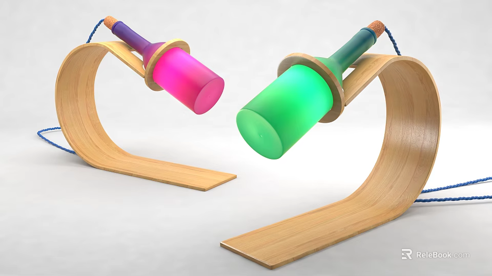 Wooden Curved Table Lamp With Colorful Shades And Soft Cork Top Design 3d model 