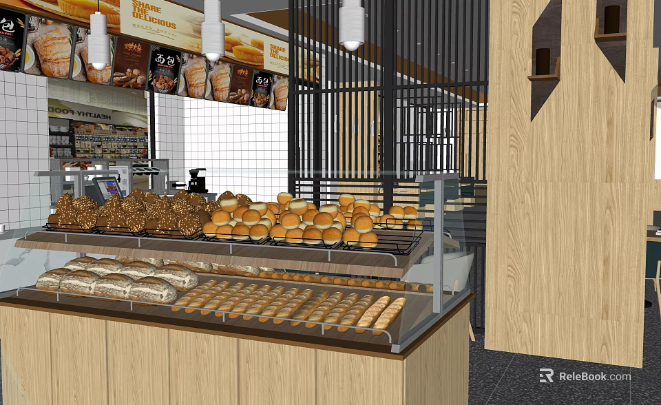 Mall Bakery Shop With Fresh Bread Pastries On Glass Display Counter And Wooden Cabinets 3d model 