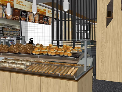 Mall Bakery Shop With Fresh Bread Pastries On Glass Display Counter And Wooden Cabinets 3d model