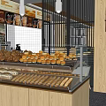 Mall Bakery Shop With Fresh Bread Pastries On Glass Display Counter And Wooden Cabinets