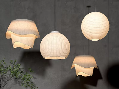 Modern Cream Colored Pendant Lights With Various Shapes And Green Plant Accents On Gray Wall 3d model