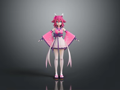 Game Movie Character With Pink Hair Animal Ears Pink Kimono White Details In Anime Style 3d model