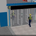Industrial Turnstile Entrance With Worker In Yellow Hard Hat Near Blue Building