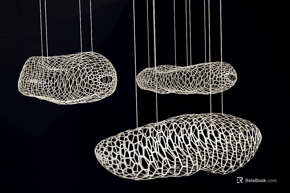 Artistic Modern White Cloud Shaped Net Like Chandeliers In Black Setting 3d model