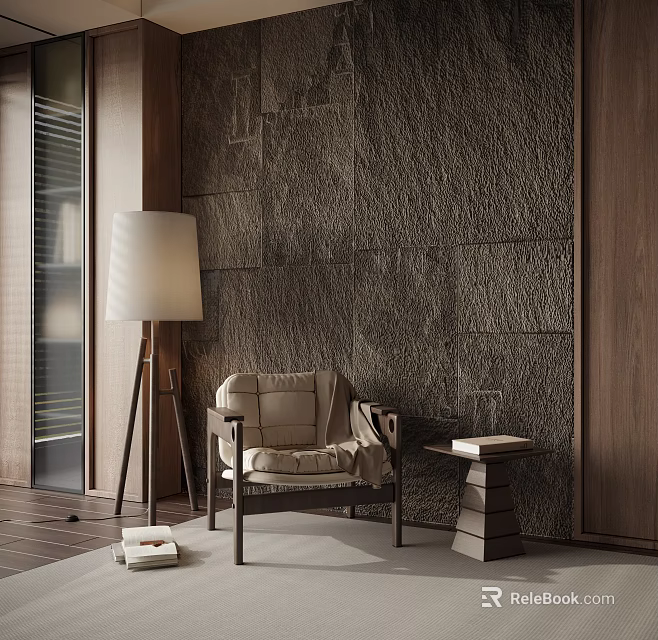 Stylish Accent Chair In Modern Interior With Floor Lamp Side Table And Textured Stone Wall 3d model 