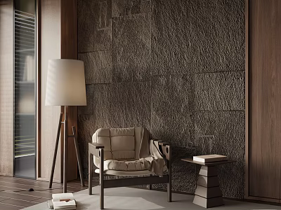 Stylish Accent Chair In Modern Interior With Floor Lamp Side Table And Textured Stone Wall 3d model