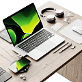 Wooden Office Desk With Two Laptops Green Screens Mobile Phone Mouse Pen And Gray Chair