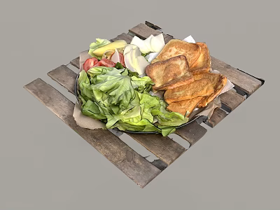 Golden Fried Flatbreads with Fresh Green Lettuce Sliced Tomatoes and Onions on Wooden Tray 3d model