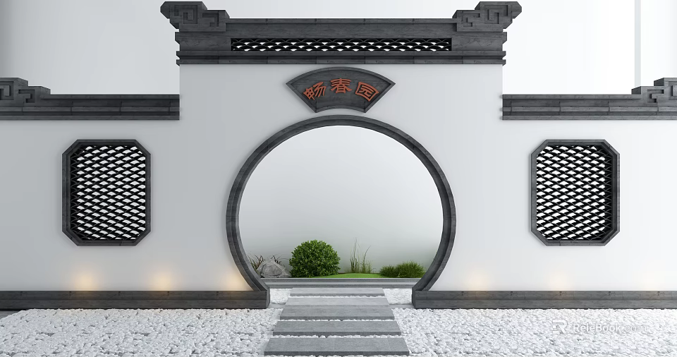Chinese Style Scenic Wall Featuring Circular Arch Lattice Windows Stone Path Green Plants Tea Garden 3d model 