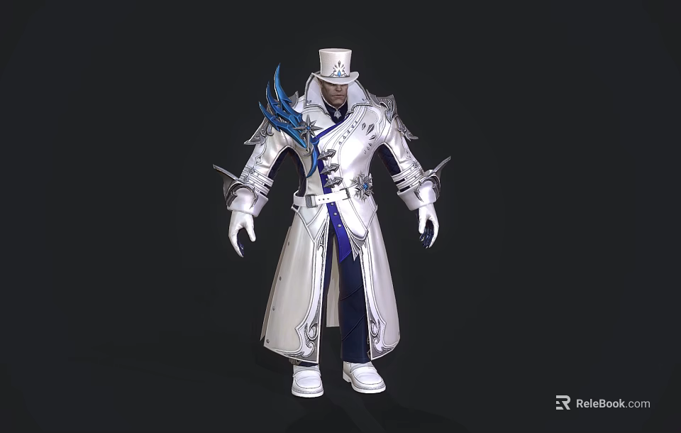Game Movie Character In White Long Coat With Blue Accents And Feather Hat 3d model 