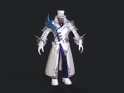 Game Movie Character In White Long Coat With Blue Accents And Feather Hat 3d model