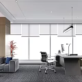 Modern Office Interior With Open Layout Wooden Cabinets Gray Sofa Desk Computer And Large Windows 3d model