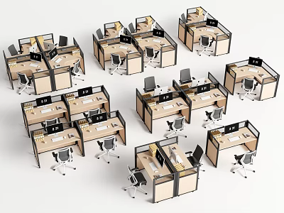Modern Office Desks In Cubicle Workstations With Chairs And Computer Monitors 3d model