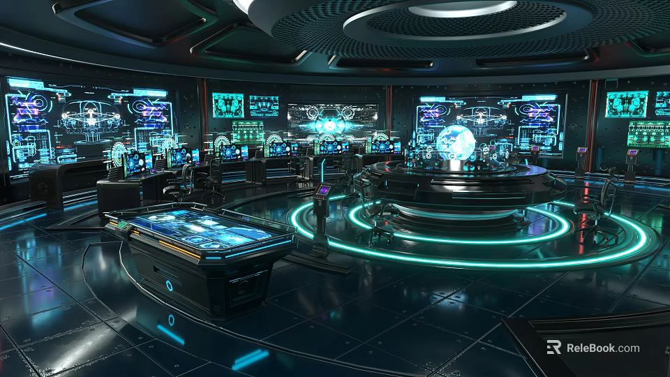 High Tech Control Room With Multiple Display Screens Glowing Circular Rings And Central Globe 3d model 