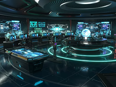 High Tech Control Room With Multiple Display Screens Glowing Circular Rings And Central Globe 3d model