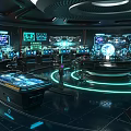 High Tech Control Room With Multiple Display Screens Glowing Circular Rings And Central Globe 3d model