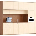 Light Wood Sideboard With Cabinet Doors Open Shelf Coffee Machine And Microwave