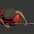 Woman with curly hair wearing sunglasses and orange striped dress playing red electric guitar
