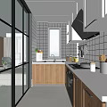 Modern Kitchen Interior Design With White Tile Walls Wooden Cabinets Gray Countertop And Window