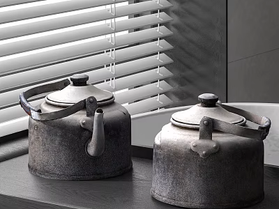 Vintage Metal Teapots On Dark Table With Window Blinds Background 3d model