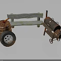 Rustic Wooden Bench Featuring Weathered Wood And Wooden Barrel With Metal Wheels