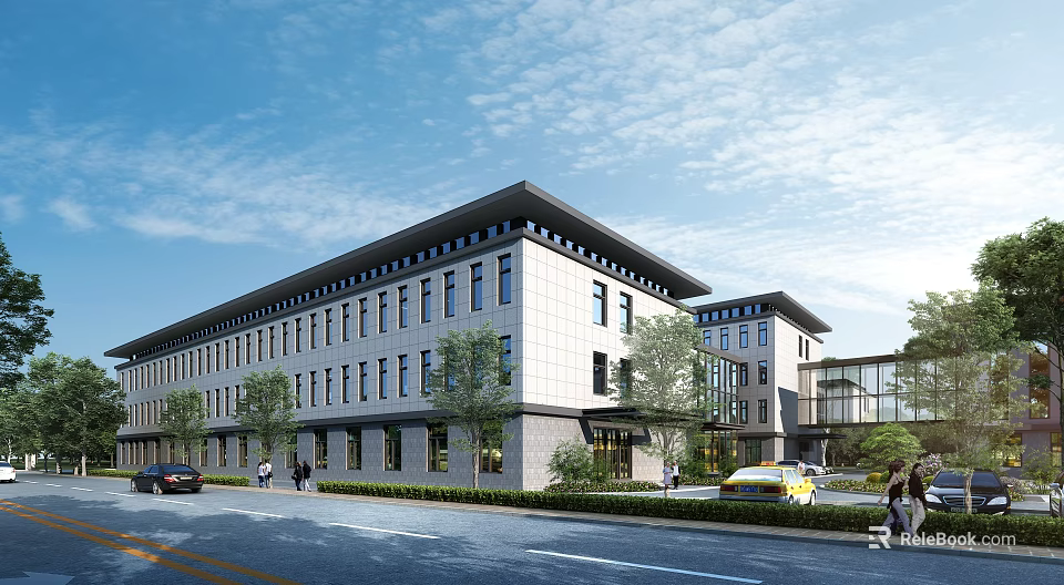 Multi Story Modern Building Exterior With Windows Greenery Street And Pedestrians 3d model 