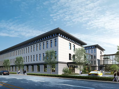 Multi Story Modern Building Exterior With Windows Greenery Street And Pedestrians 3d model