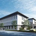 Multi Story Modern Building Exterior With Windows Greenery Street And Pedestrians