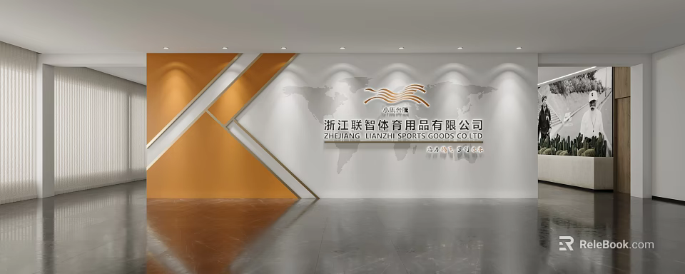 Modern Corporate Reception Area Featuring Geometric Wall Design World Map And Lighting 3d model