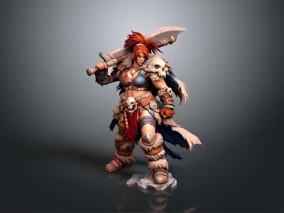 Woman With Red Hair Carrying Large Axe Wearing Armor With Skull Decorations And Fur 3d model