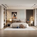 Modern Bedroom Interior Design Featuring Bed With Pillows Nightstand Lamp Wall Art And Wooden Floor