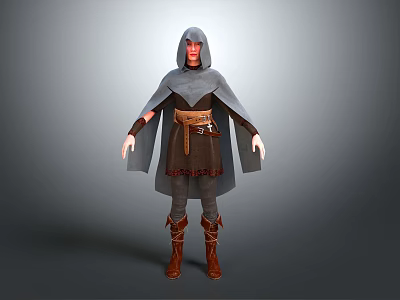 Game Movie Character 3D Model With Gray Hooded Cloak Brown Tunic And Boots 3d model