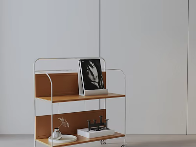 Modern Side Table With Metal Frame And Wooden Shelves On Wheels For Decorative Items 3d model