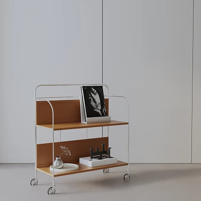 Modern Side Table With Metal Frame And Wooden Shelves On Wheels For Decorative Items 3d model