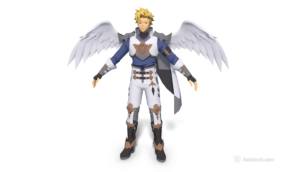 Game Movie Character with Blonde Hair White Wings Blue White Outfit Brown Accents Standing Pose 3d model 