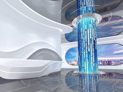 Modern Exhibition Hall Interior With Blue Column White Curved Structure And City View Windows 3d model