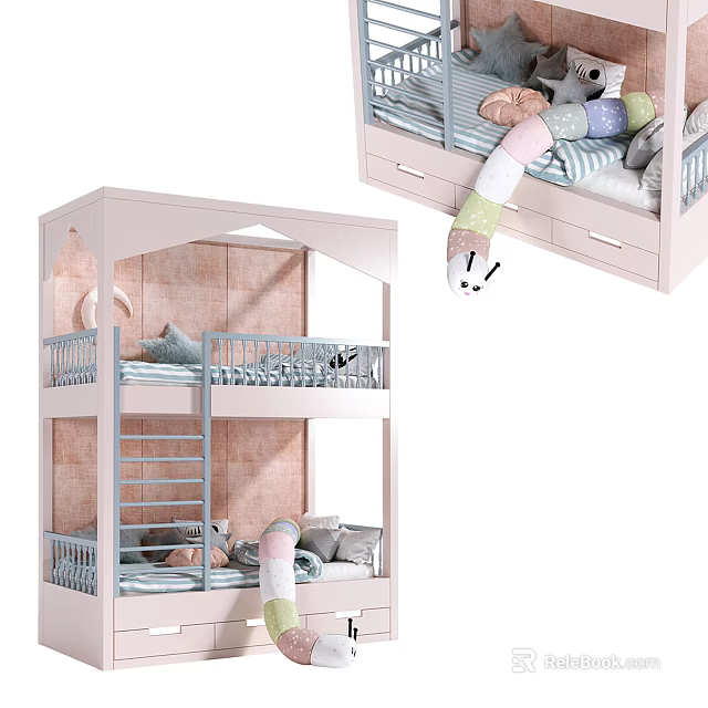 Pink House Shaped Kids Bunk Bed With Ladder Storage Drawers And Stuffed Toys 3d model 