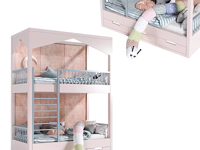 Pink House Shaped Kids Bunk Bed With Ladder Storage Drawers And Stuffed Toys 3d model