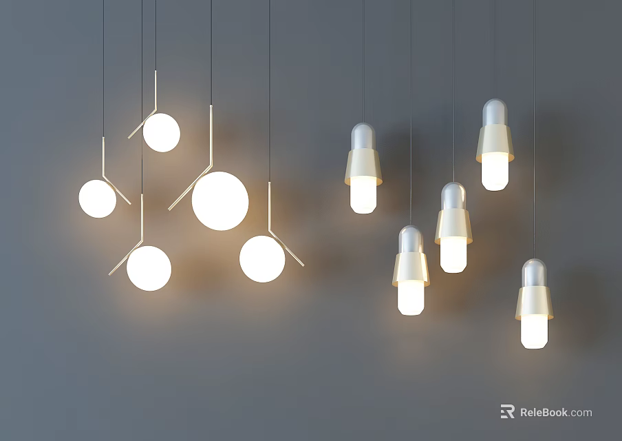 Modern Pendant Lights With Various Designs Hanging And Illuminated On Grey Background 3d model 