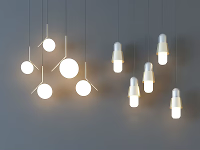Modern Pendant Lights With Various Designs Hanging And Illuminated On Grey Background 3d model