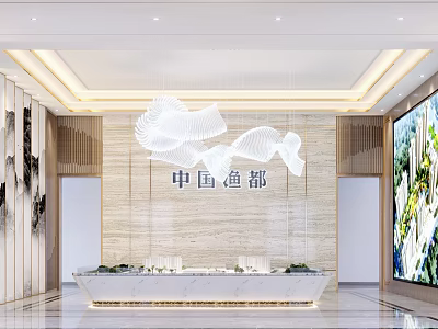 Elegant China Haidu Sales Office With Marble Backdrop White Bird Sculptures And Large Screen 3d model