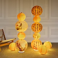 Multiple Stacked Traditional Chinese Lanterns With Decorative Patterns And Calligraphy In Modern Interior
