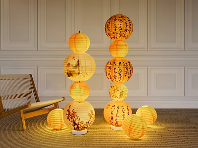 Multiple Stacked Traditional Chinese Lanterns With Decorative Patterns And Calligraphy In Modern Interior 3d model