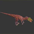 Red And Yellow Dinosaur Model With Detailed Skin In Dynamic Pose On Gray Background